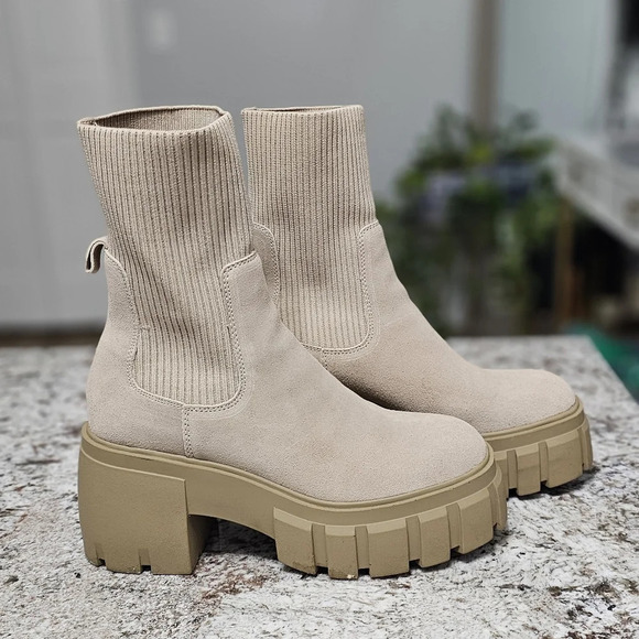 Steve Madden Liberti Lug Sole Boots Tan Suede Platform Chunky Boots - Picture 1 of 4